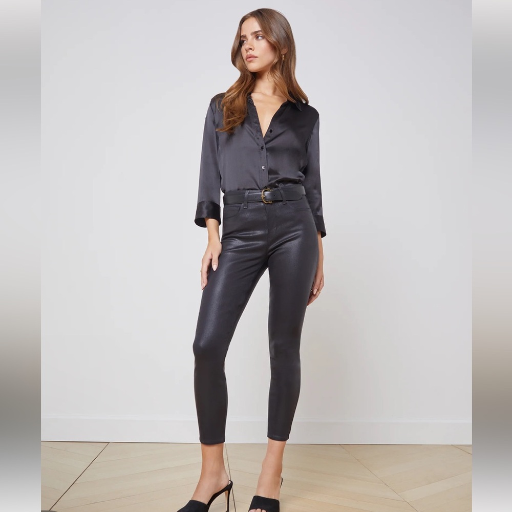 L’Agence Margot skinny high rise noir silver glitter coated cotton blend size 28